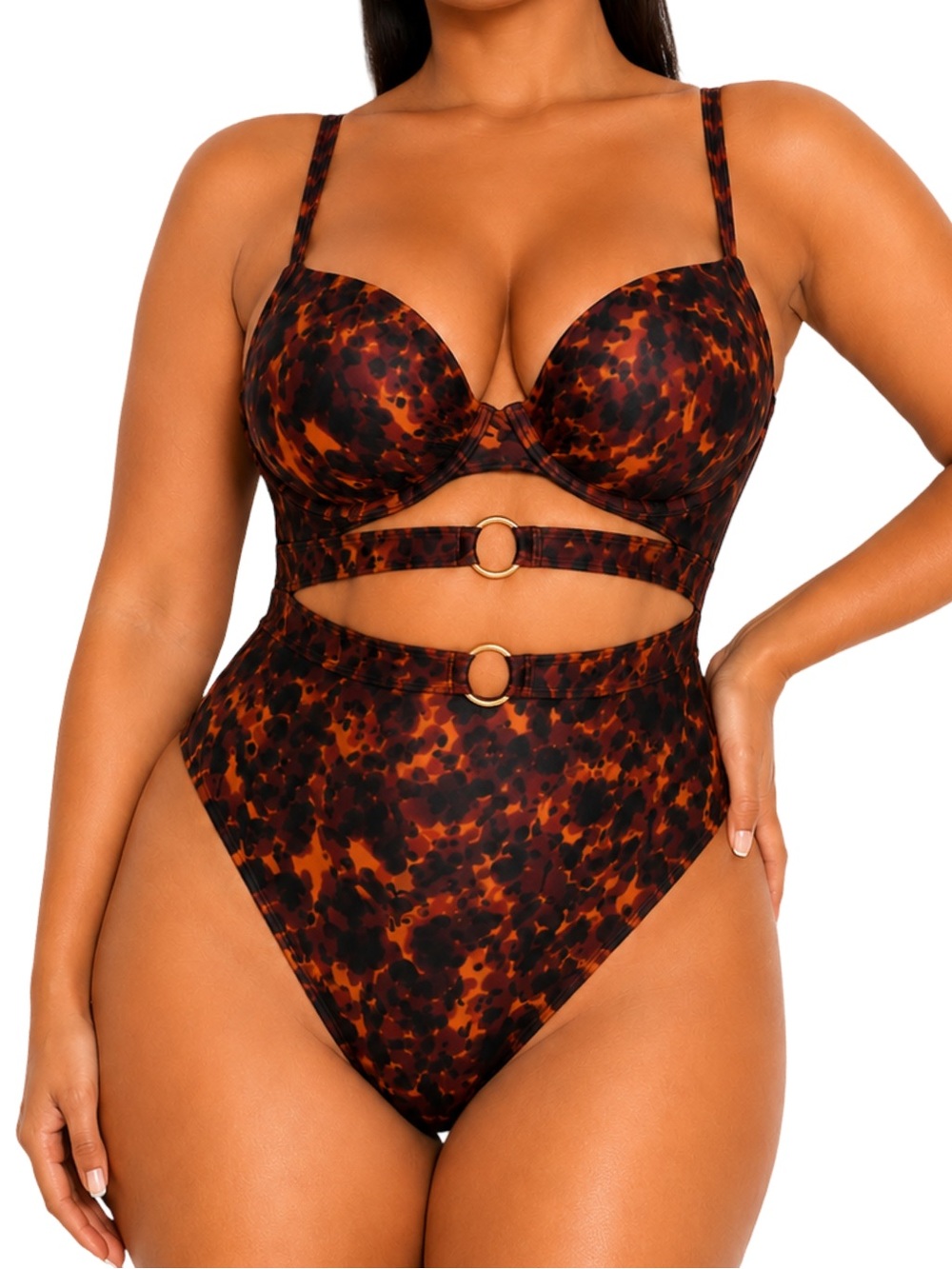 Wolf & Whistle Leopard One Piece Swimsuit 6 DDD/F-G Underwire NWT Gold Rings